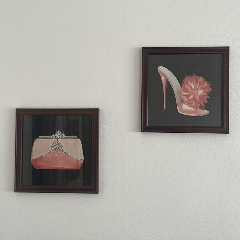 Set of 2 Pink Framed Prints Heel & Bag